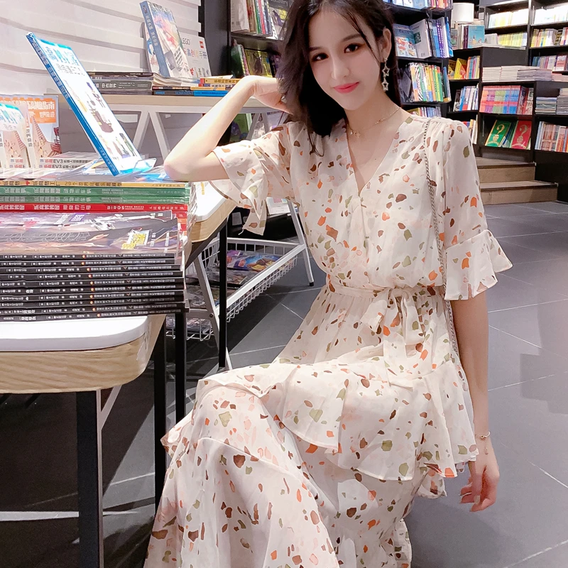 

Summer New Women Chiffon Floral Print Holiday Dress Female Fashion Casual Short Sleeve Cake Dress 2021 New Vestido Feminino
