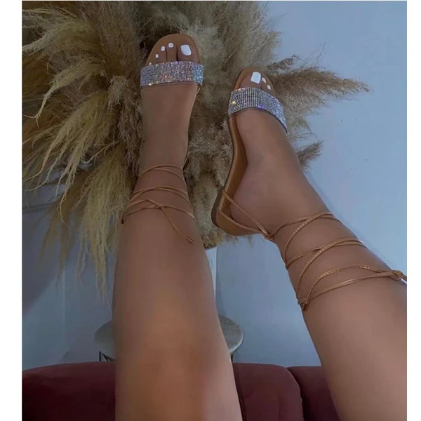 

Women's Shiny Rhinestone Sandals Summer Flat Sandals Fashion Rhinestone Sexy Women's Shoes Handmade Outdoor Lace-up Sandals