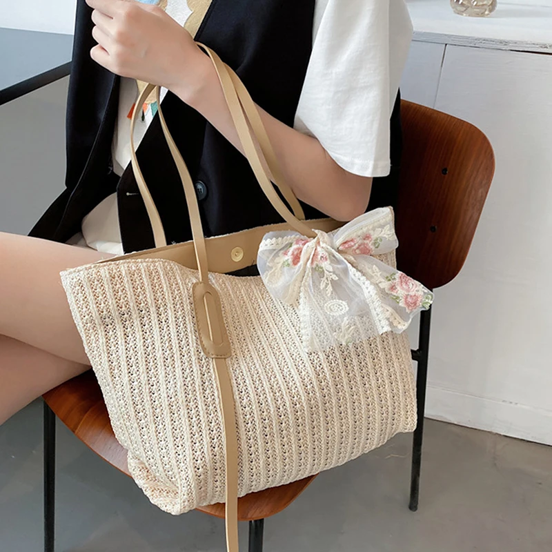 

Grass-woven Women's Summer 2022 New Korean Version of Fashion Silk Scarf Woven Tote Bag Women's Handbag Shoulder Bag