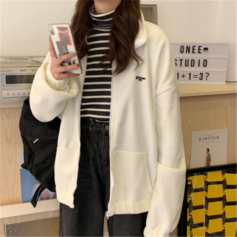 

Women Plus Fleece Hoodies Zip-up Hoodie Women Loose Plus Velvet sweatshirt Pockets Letter Casual Oversized Harajuku Trendy