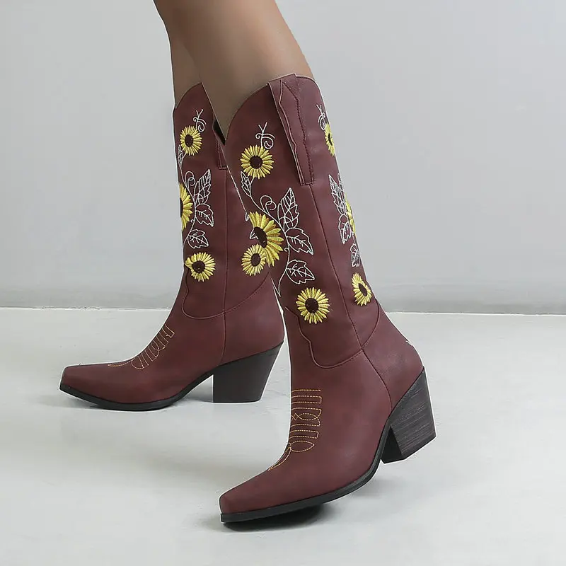 

Женские сапоги до середины икры Nice Pop в стиле ретро с квадратным носком, женские сапоги на толстом каблуке, с вышивкой в Западном рыцарском с...