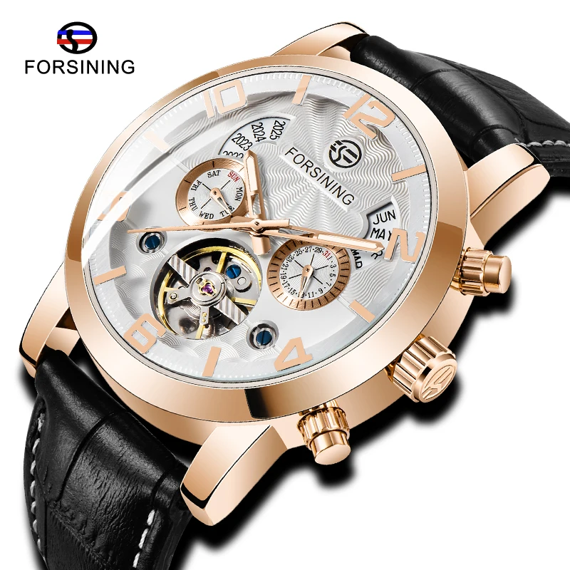 Модные мужские часы FORSINING Tourbillion с золотым волнистым циферблатом в повседневном