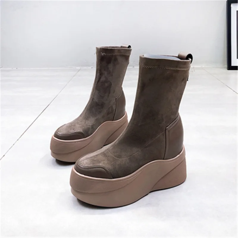 Ботинки на платформе; женская обувь; scarpe donna; ботинки на высоком каблуке с круглым носком; модная обувь на толстой подошве; chaussures femme; Плюшевые ботинки