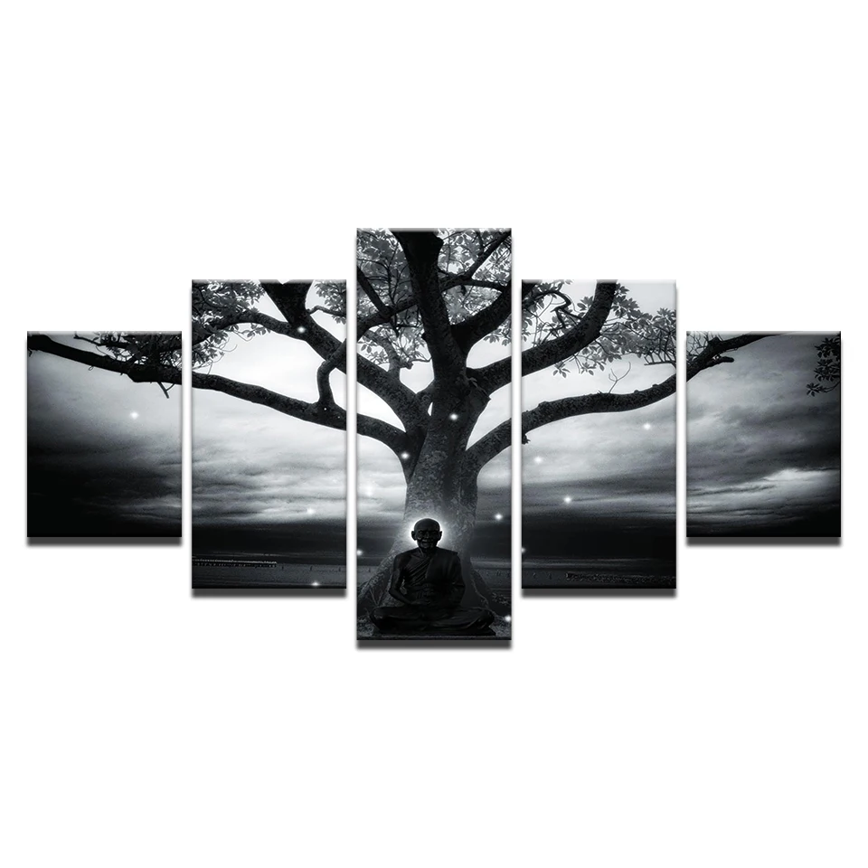 Холст HD отпечатки настенная живопись искусство рамки 5 шт. дерево и Будды плакат