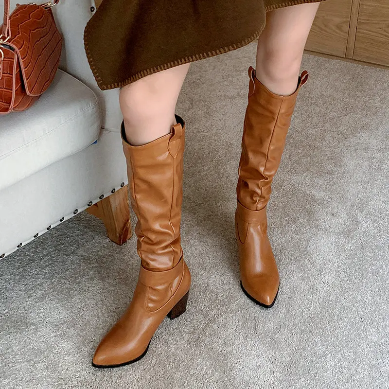 

2021 New Pointed Toe Slip on Knee High Boots Autumn Winter Square High Heel Women Shoes PU Leather Ladies Shoes Big Size 34-43