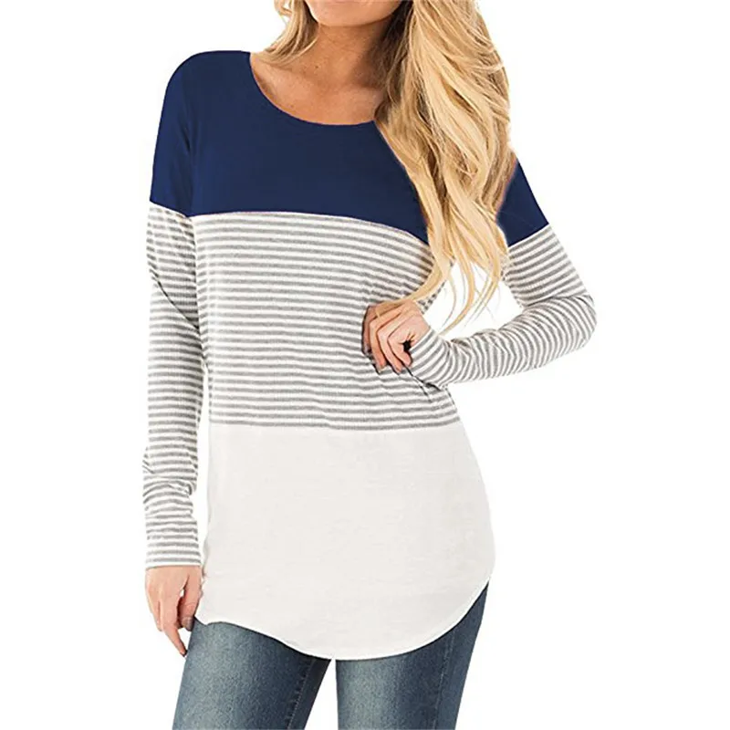 50 2019 Casual Cotton Long Sleeve T-Shirt Women Striped Elastic Loose Shirt O Neck Female Irregular Hem Top Patchwork | Женская одежда