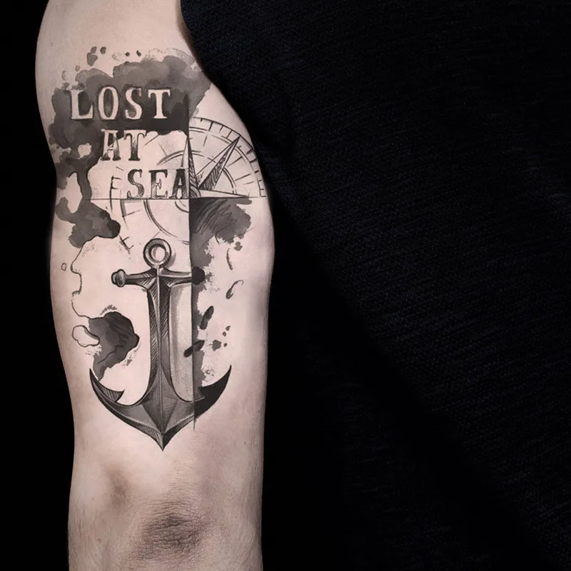 Временная тату наклейка с якорем водостойкая серая большая для взрослых мужчин