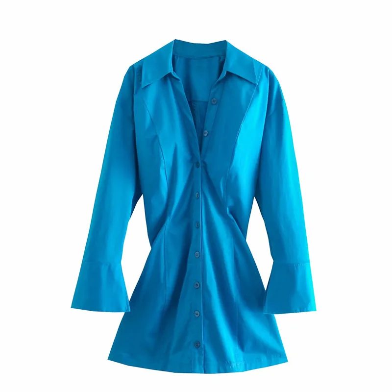 

Женское платье-рубашка с рюшами ZA, синее офисное платье с длинным рукавом, модное винтажное облегающее мини-платье на пуговицах, осень 2021