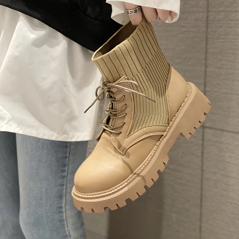 

Women's Martin Boots 2021 New Stretch Fabric Knitted Ladies Nude Boots Round Toe Lace-up Women's Thick-soled Combat Boots 35-40