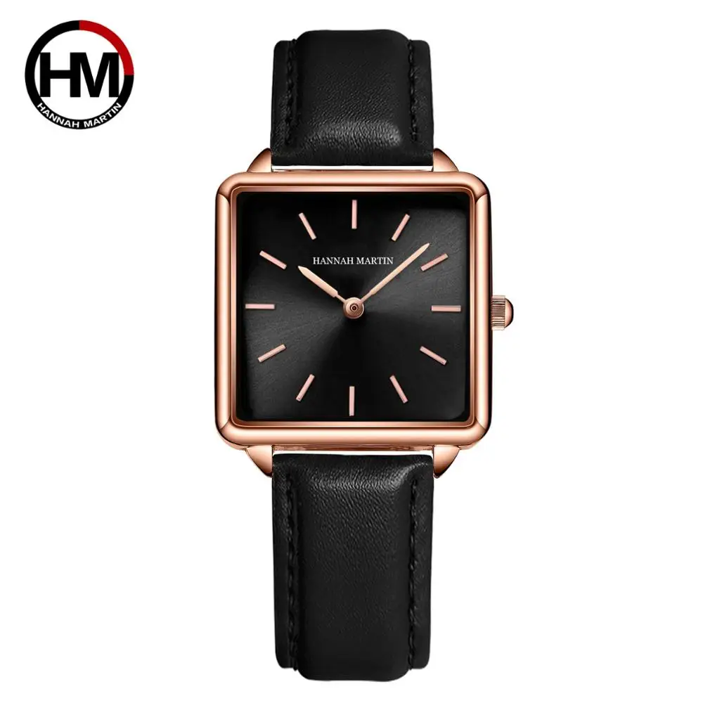 

Genuine Leather Strap Japan Quartz Movement HM-108 Women Simple Design Top Luxury Brand Wristwatch Ladies Square Dial Watches