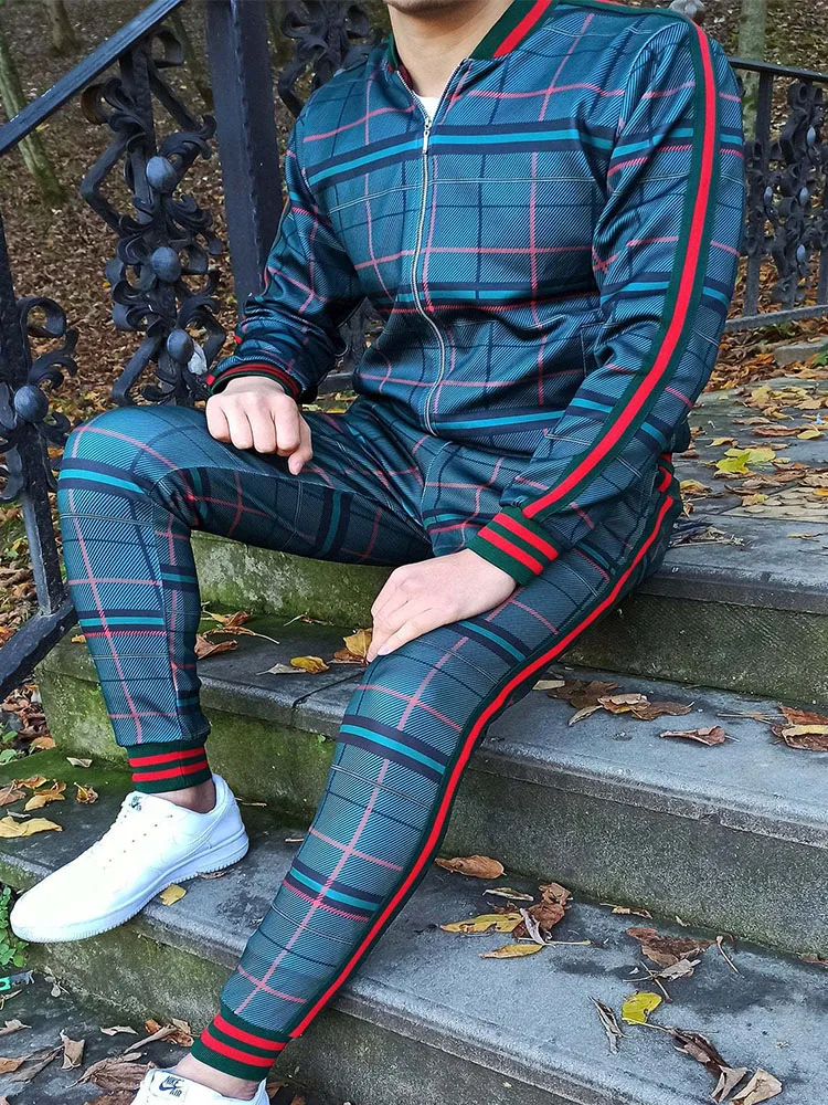 

Gentlemen Men's Track suit Suits European American Trends 3D Print Lattice Zipper Slim Casual Fashion Zip-Up Coat Tracksuits Men