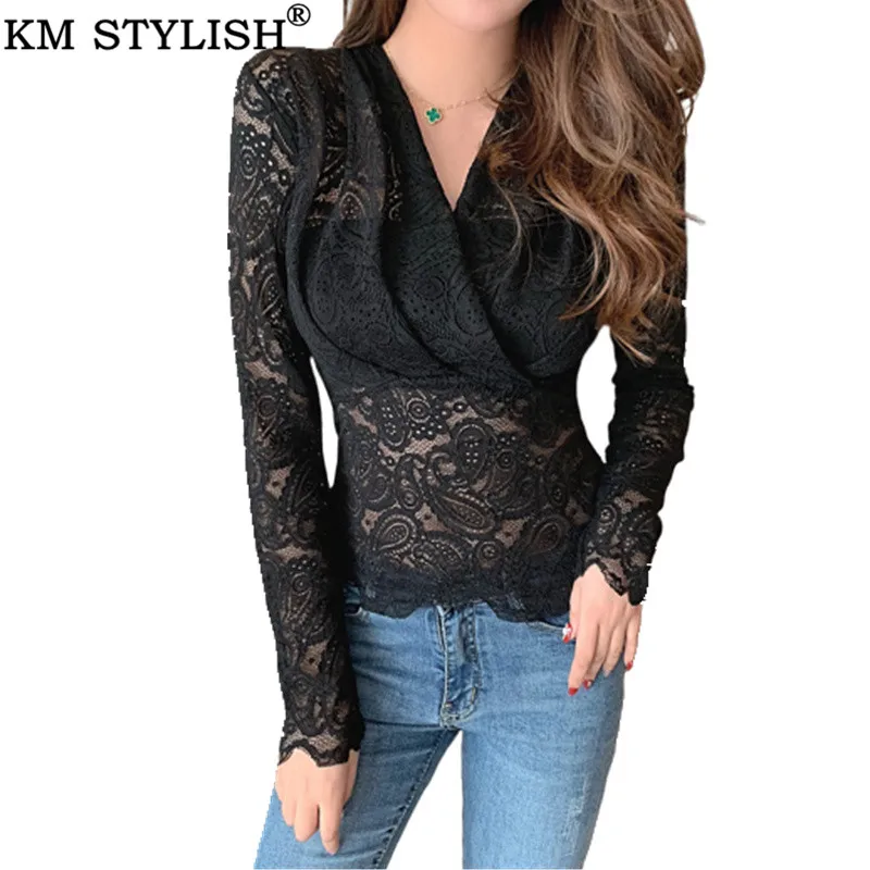 Черная кружевная блузка рубашка с вышивкой прозрачные открытые женские осенние