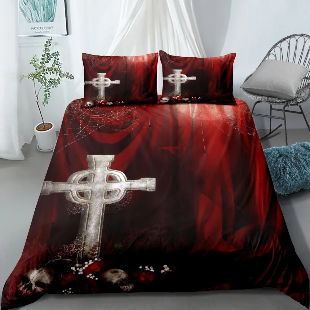 

Red Cross Church Style Velvet Quilt Cover Skull Print 2/3 Piece Bed Linen Cover Single Double Full Queen King Bed