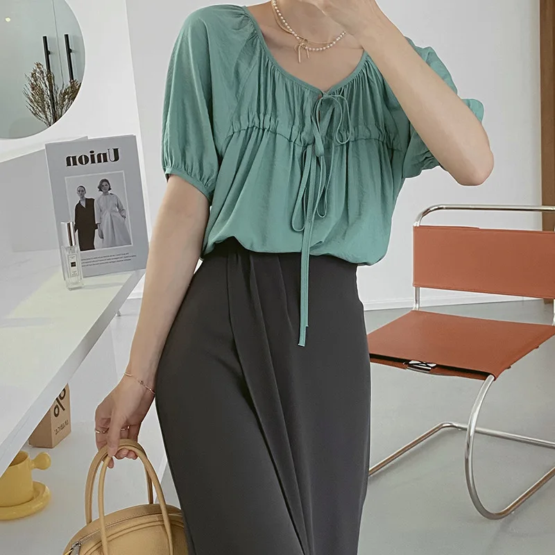 

Drawstring Belt O-neck Lantern Sleeve Women Blouses Sweet Solid Loose Casual Shirts 2021 Korean Soft Summer Blusas De Mujer