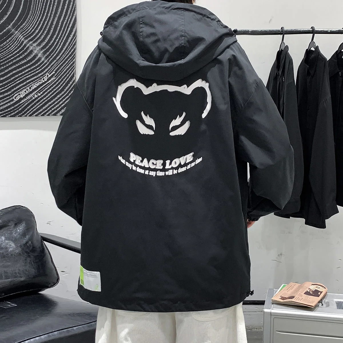 

Hybskr Bear Graphic Loose Mens Hooded Jackets Overalls Hip Hop Zippers Harajuku Autumn Coats Casual Fashion Male Outerwear