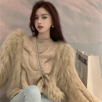 splicing imitation fur pullover sweater womens autumn winter 2021 new versatile loose long sleeve knitted sweater top