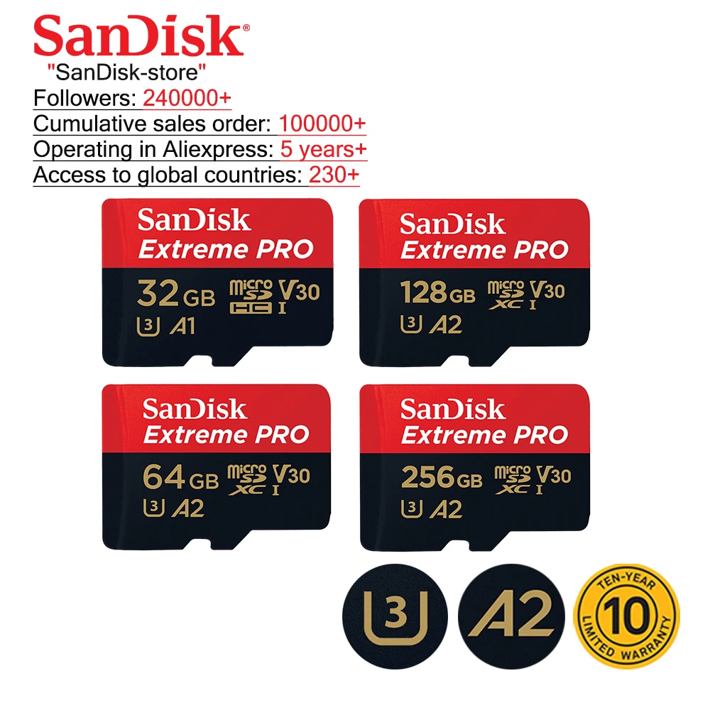 Карта памяти SanDisk Micro SD, TF карта Extreme Pro U3 100 МБ/с. 32 Гб 64 Гб 128 ГБ 256 ГБ для телефонной камеры, видеозапись 4K, оригинал от AliExpress WW