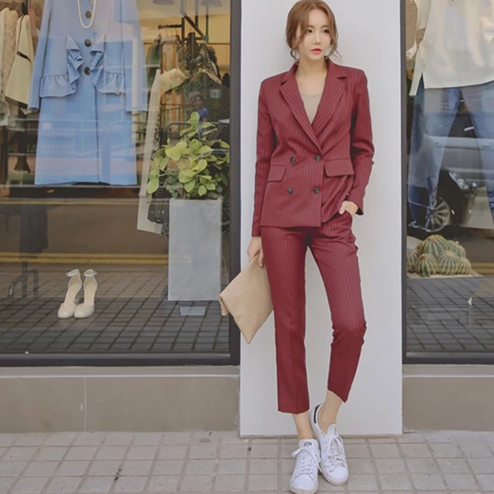 Осенне-зимняя шикарная Офисная Рабочая одежда Женский костюм в полоску