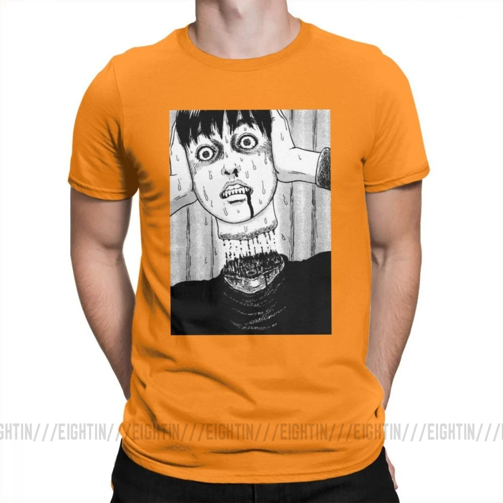 Футболка с воротником под горло HoJunji Ito для Хэллоуина; стильные мужские футболки с короткими рукавами и круглым вырезом; одежда из чистого хлопка; футболки с принтом - Цвет: Оранжевый