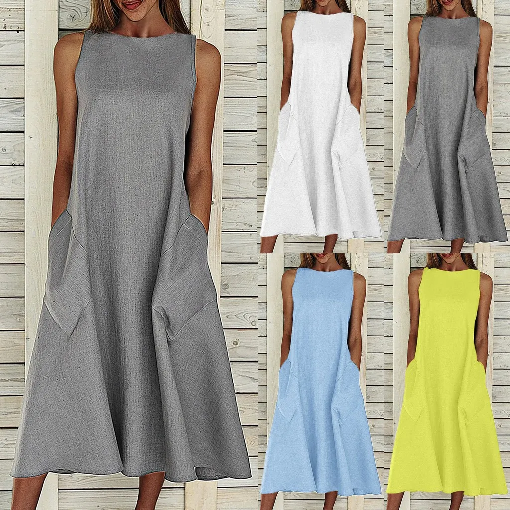

Summer Cotton Dress Boho Women Sleeveless Beach Solid Dress Casual Loose Big Swing Pocket Maxi Dress Female Oversize Holiday