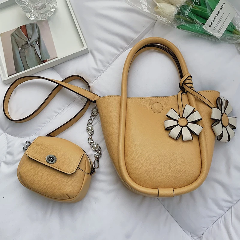 

Bucket Bag Women Soft Leather Top-Handle Handbags Ladies 2 Picecs Set Messenger Bag Basket Design Shoulder Bag With Coin Purse