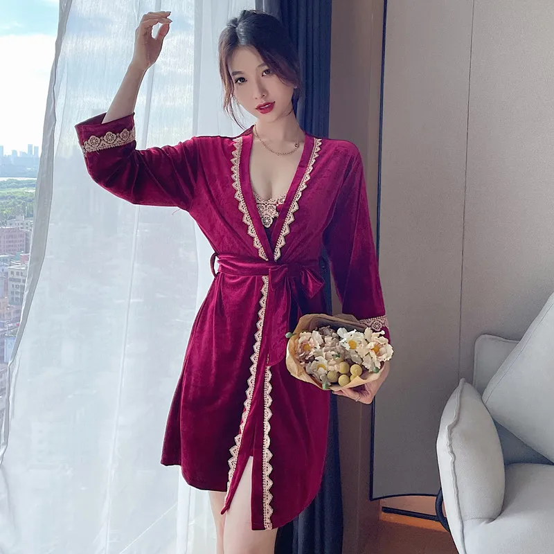 

Winter Sexy Pleuche elegance Robes gown sets women sleepwear robes 2-piece suits Quality Spaghetti straps sleepdress SRMH