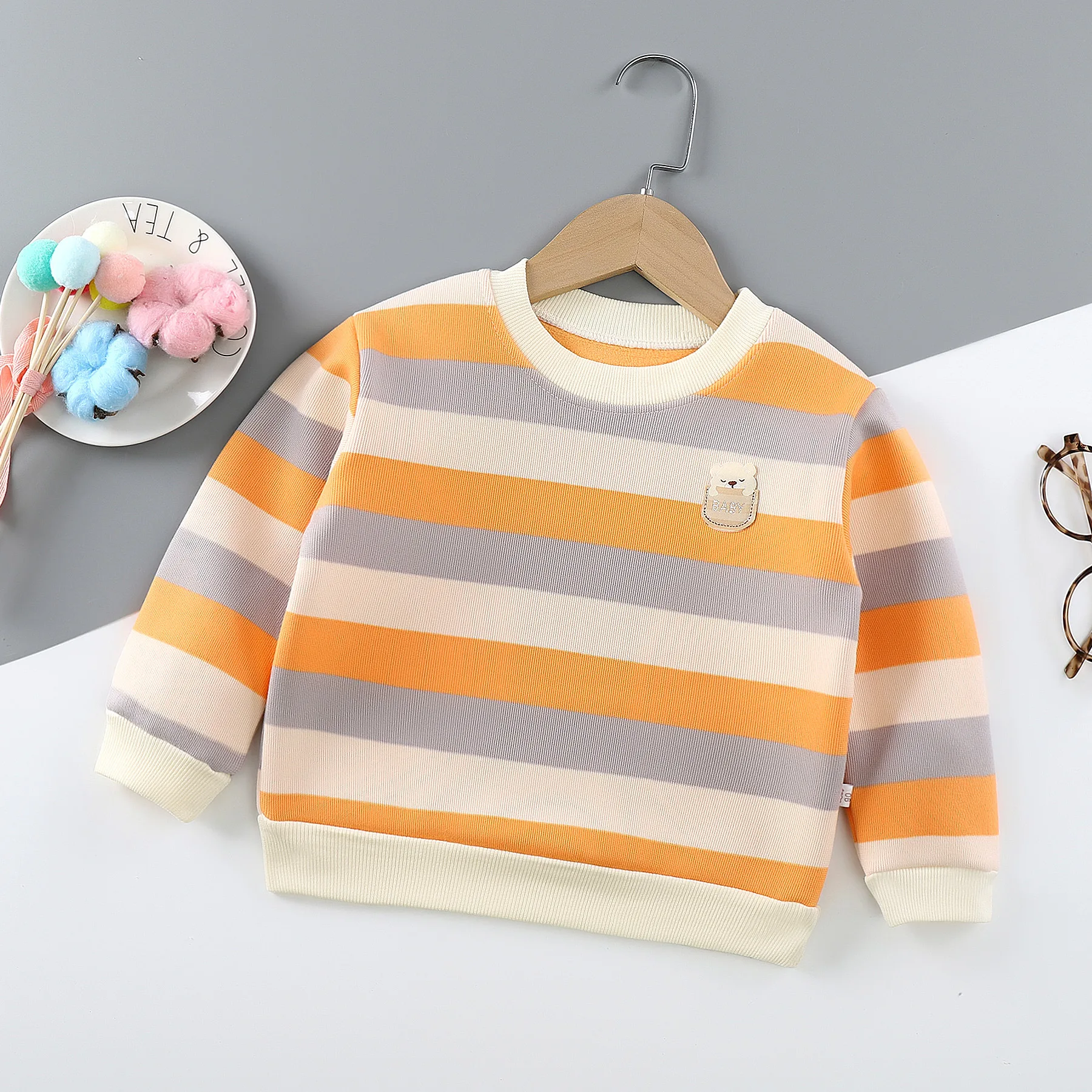 

Autumn Winter Kids Baby Girls Boys T Shirt Striped Long Sleeve Plus Velvet Thickening Warm Pullovers Baby Clothes Toldder Shirt