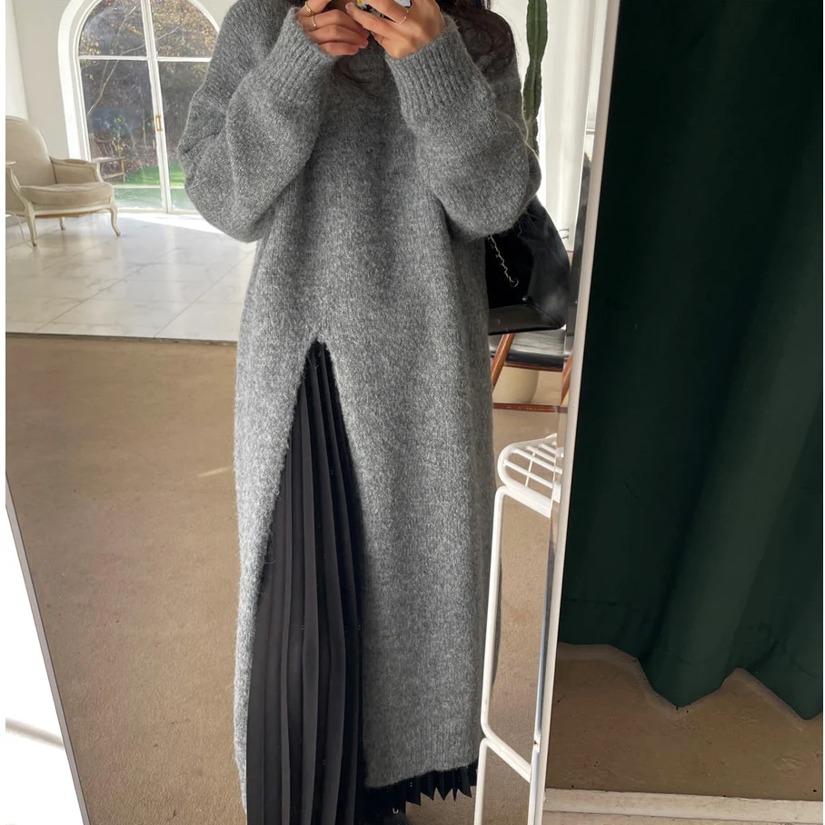 Korean Elegant Split Autumn Knitted Sweater Dress Women O-Neck Vintage Midi Dress Loose Party Dresses Solid Color Straight M520