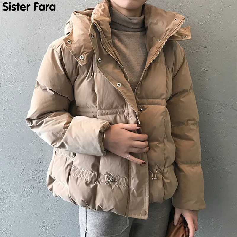 Sister Fara New Winter 2021 Hooded Overcoat Jacket Cotton Drawstring Outwear Women Padded Parka Female Warm Winter Short Jacket