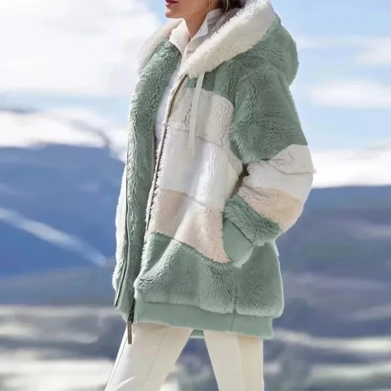 

Hot Style Euro 2021 Fall Winter Warm Plush Patchwork Zippered Pocket Hooded Loose Jacket for Ladies Womens Clothing