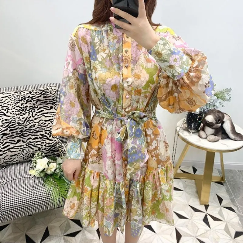 

Hawaiian Lantern Sleeve Stand Collar Floral Ruffle Lace Up Sweet Chiffon Dress Fashion 2021 Women Casual Holiday Printed Dresses