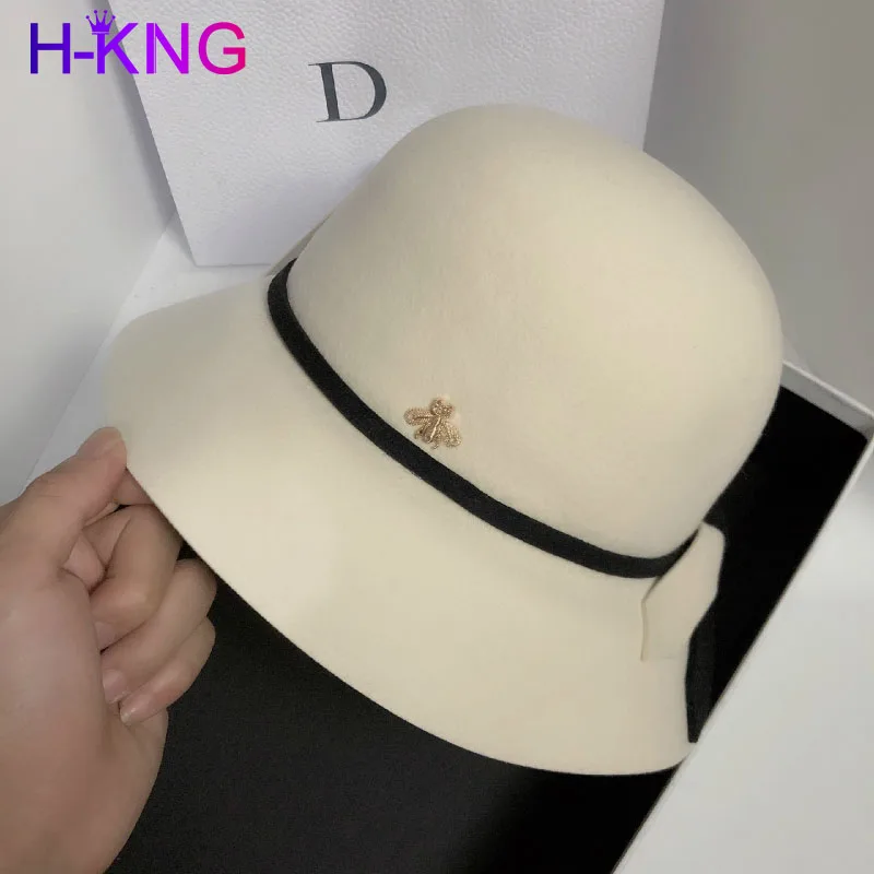 

H-KING Lady Winter Luxury Bow-tie Cloche Hats Woman Party Formal Handmade 100% Wool Felt Fedora Hat For Holiday