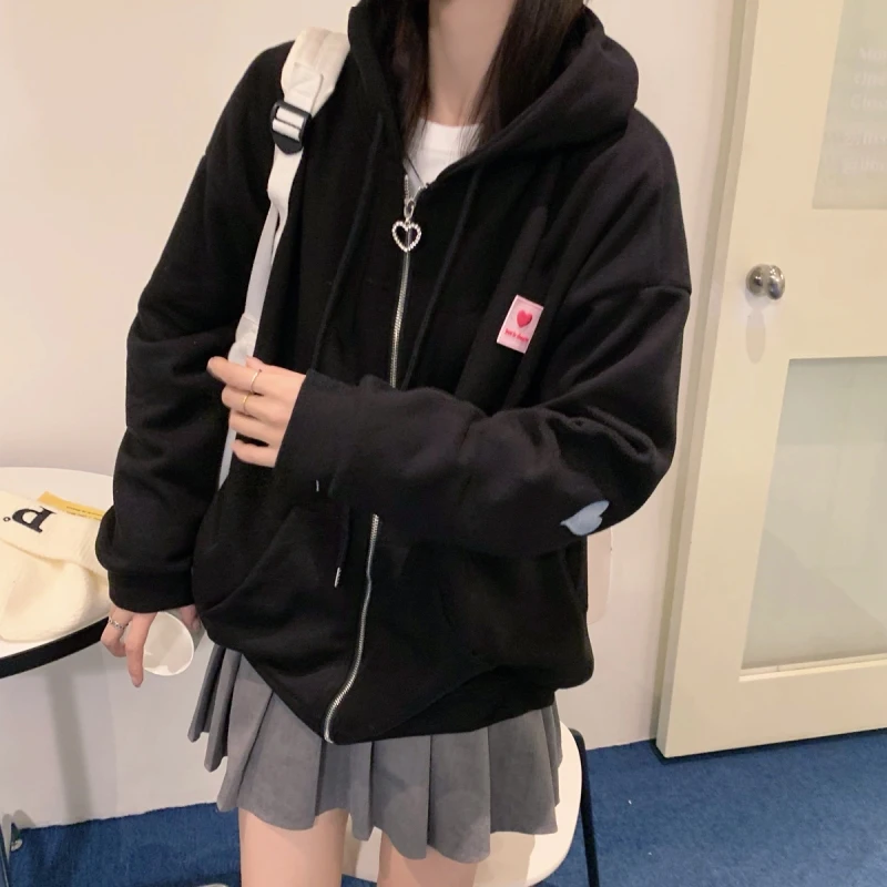

Корейский стиль толстовки на молнии женские кавайные топы для девочек с длинным рукавом Толстовка большого размера с капюшоном куртка повс...