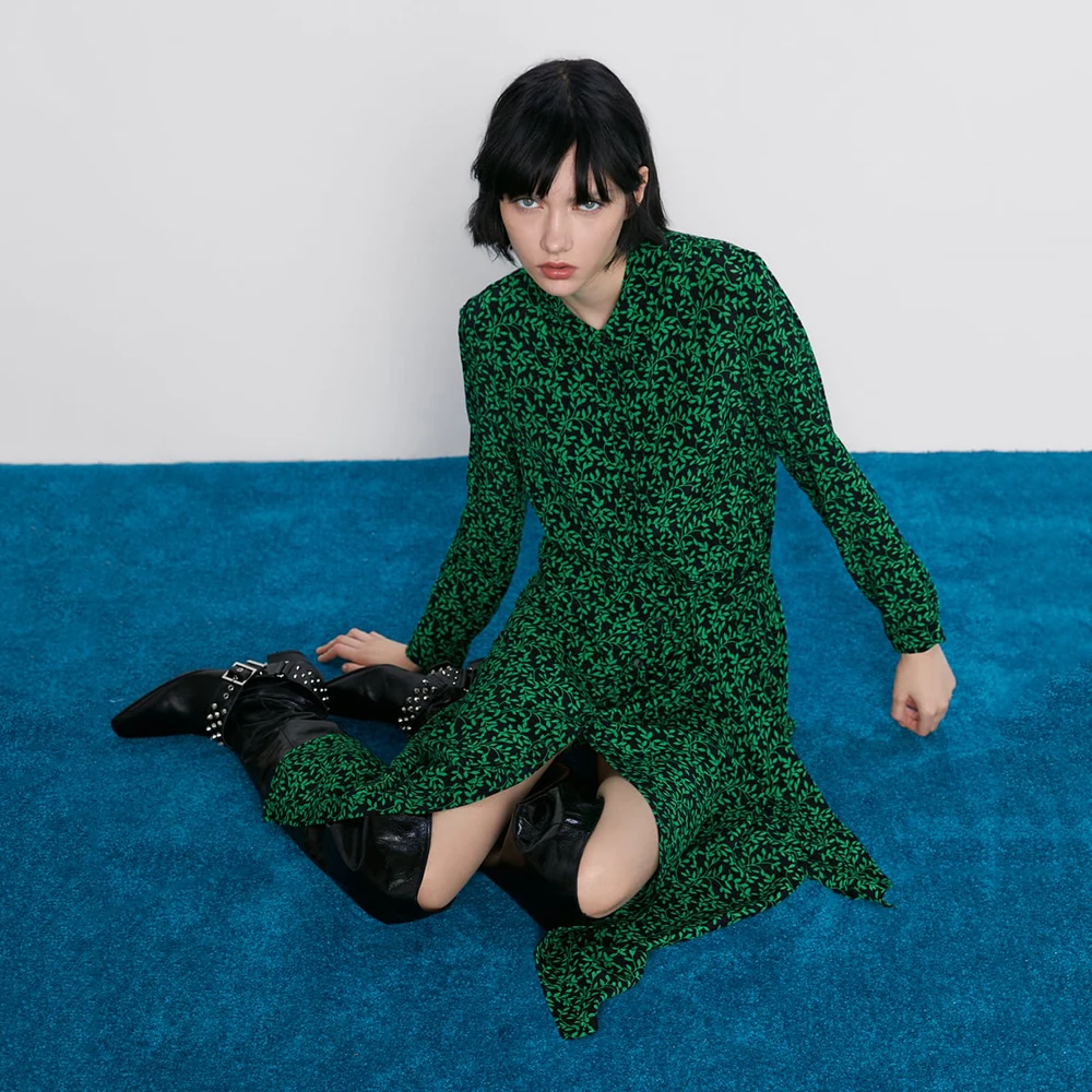 Женское длинное платье ZA зеленое ТРАПЕЦИЕВИДНОЕ ПЛАТЬЕ с воротником стойкой и