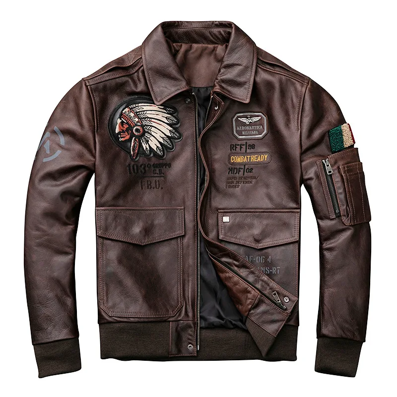 

Men's Genuine Leather Clothing Indian New Product Replica Horse Leather Oil Wax Vintage Old Red Brown Flight Suit Leather Jacket