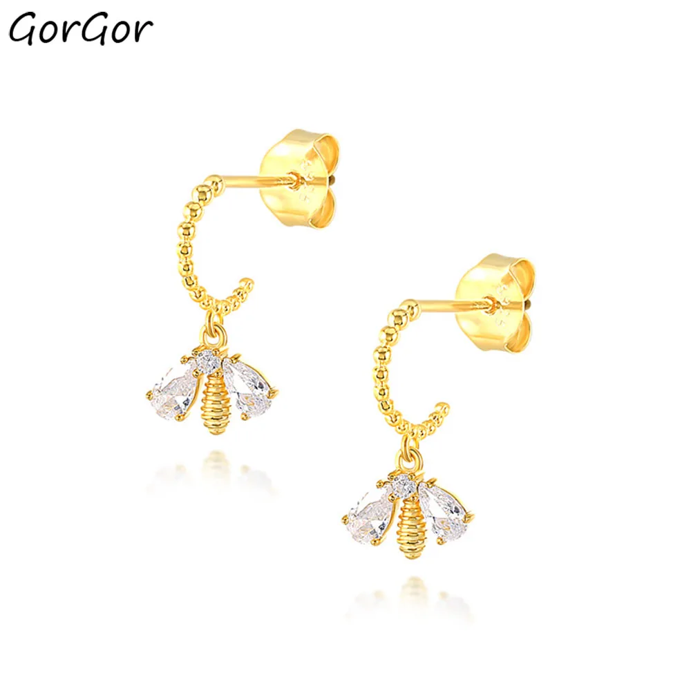

GorGor Stud Earrings Women 925 Sterling Insect Bee Gold Plated Mosaic Zircon Individuality Anniversary Jewelry 60203760120
