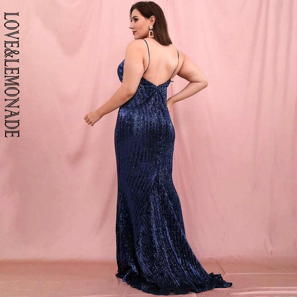 

LOVE&LEMONADE PLUS SIZE Sexy Deep V-Neck Large Open Back Navy Sequin Elastic Fishtail Maxi Dress LM80119PLUS