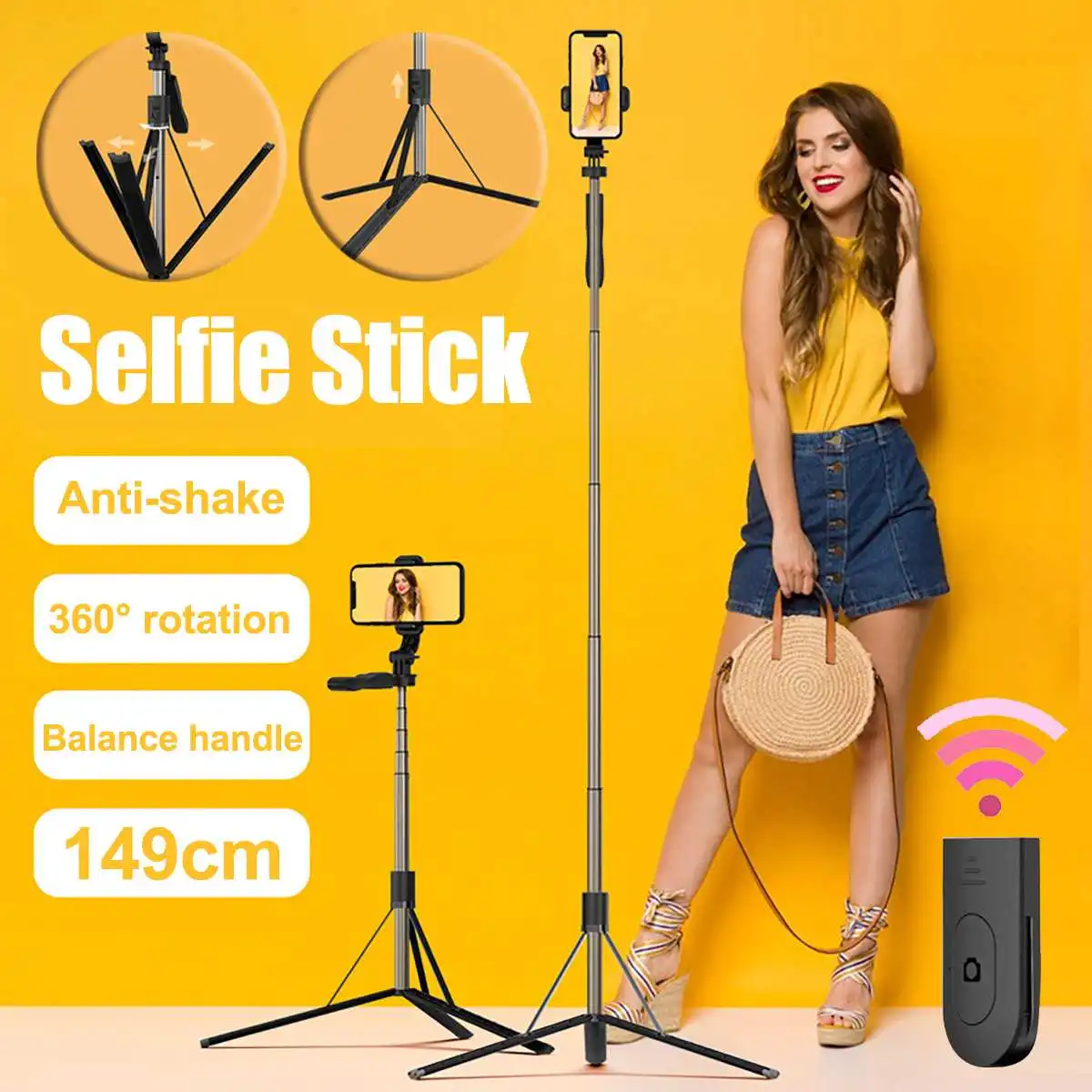 

Anti-shake Selfie Stick 1490mm Extendable 3 in 1 Bluetooth Selfie Stick Tripod with Remote Compatible with Camera, Smartphone
