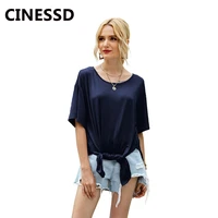 cinessd o neck short sleeve casual long tshirts women tops 2020 navy blue split knotted lightweight loose tunic lady tee shirts