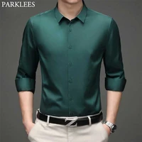 green mens dress shirts 2021 brand new superfine long sleeve shirt men slim fit elastic breathable non iron quality shirt male