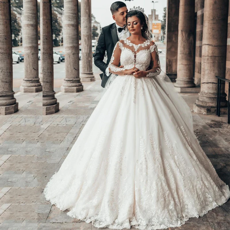 

Mesh Full Sleeve Wedding Dresses 2022 Floral Lace Appliques Bridal Gowns Puffy Skirt Arabic Dubai Vestidos De Novia