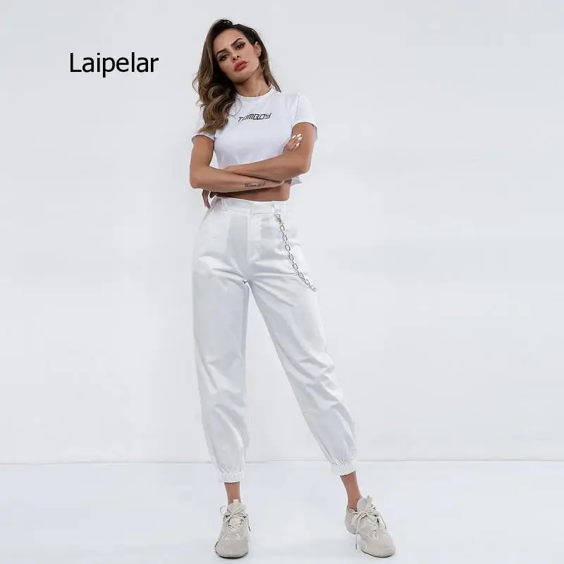 

2021 Pocket Chain Overalls Loose High Waist Street Wear Casual Solid Pants for Women Daily