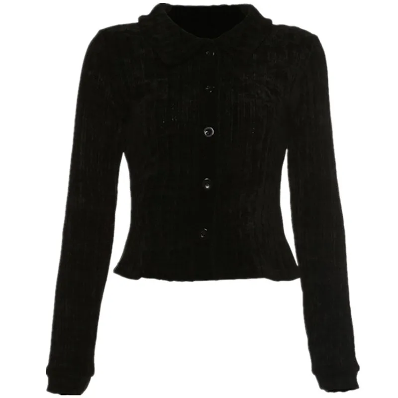 

Woman Lapel Spring Knitted Bodycon Vintage Tshirt Women Black Crop Top T Shirt Street Korean Long Sleeve Top Cute Tops