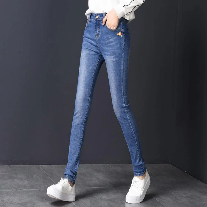 

Scratched Torn Embroidery Skinny Denim Pencil Pants For Women Streetwear Slim Stretch Jeans Female Vintage Trousers Korean Style