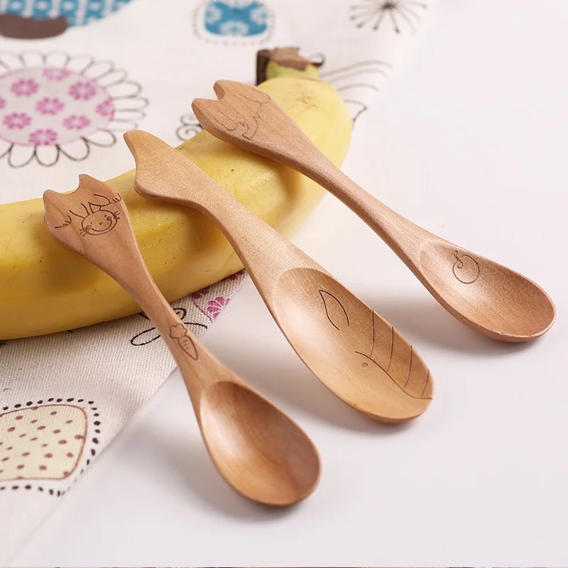 

Baby Wooden Spoon Creative Small Cute Korean Household Unpainted Friendly Children Dinnerware For Food