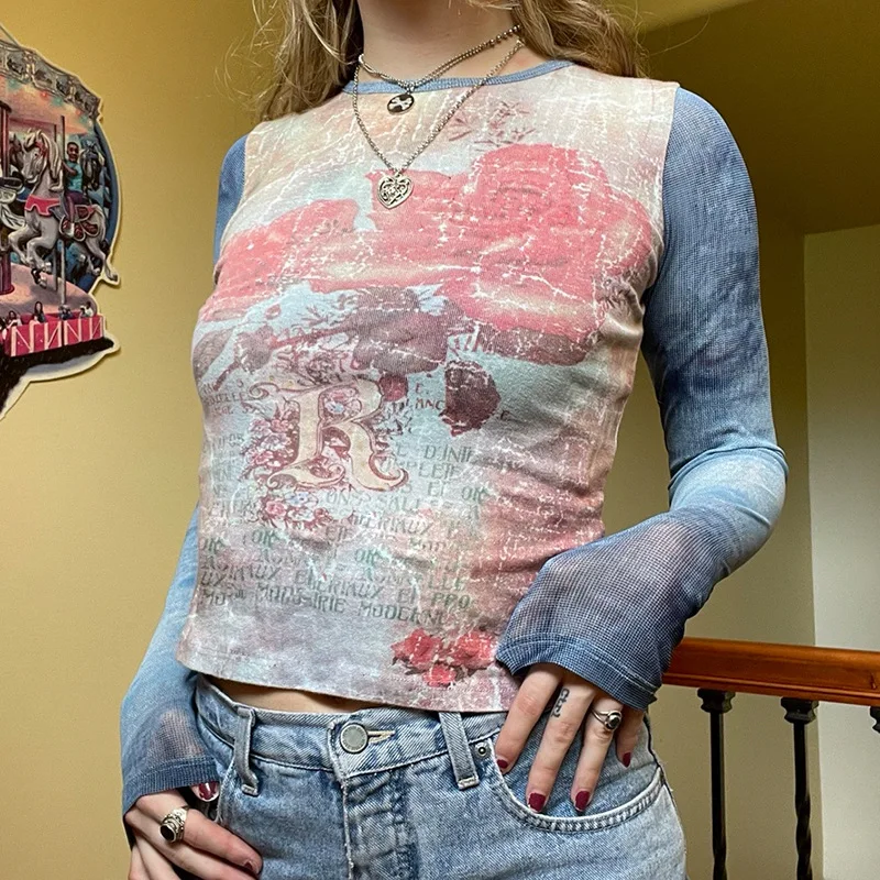 

Vintage Patchwork Distressed Crop Top Y2k Floral Print O-Neck Skinny T-Shirt Fairy Grunge Long Sleeve Pullovers Women Clothing