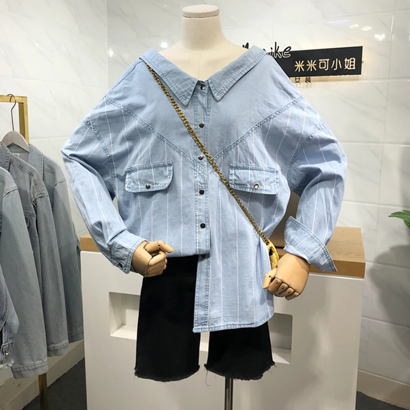 2020 Spring New Stripes Long-sleeved Jeans Shirt Women's Loose-Fit Single-breasted Denim Blouse Female Oversize Tops | Женская