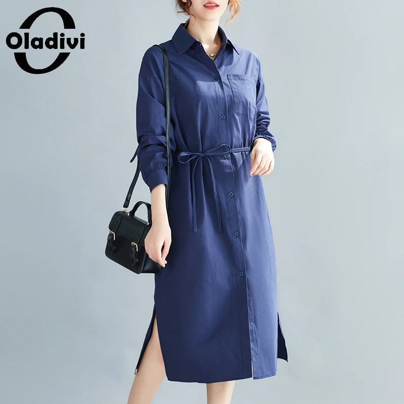 

Oladivi Oversized Women Clothing Long Sleeve Casual Long Shirt Dress 2021 Spring Autumn New Loose Midi Dresses Vestidio Robe 711