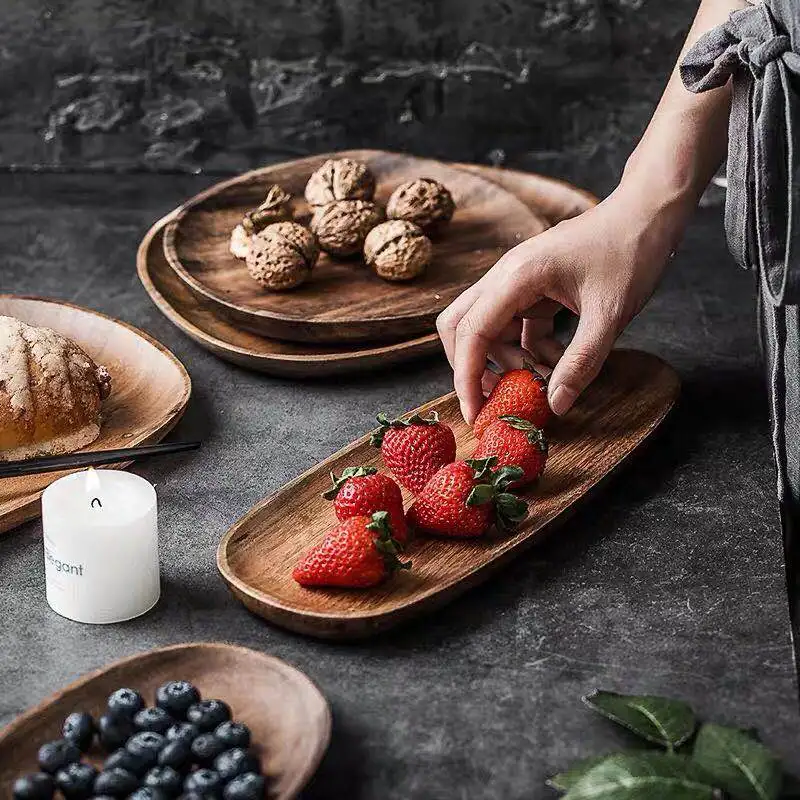 

Kitchen Household Full Acacia Wood Irregular Oval Wooden Tray Fruit Bread Dessert Dinner Plate Sushi Dinner Cutlery Set