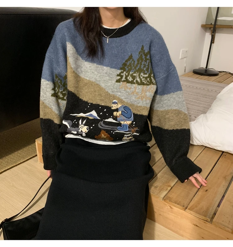 Woherb Pull Femme, осенне-зимний вязаный свитер в стиле Харадзюку, Женский контрастный пуловер с мультяшной вышивкой, джемпер, корейские свитера